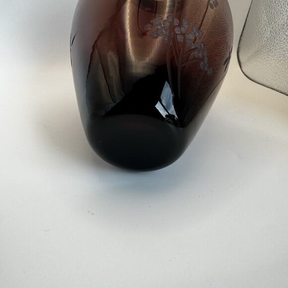 Hand‎ Blown Ruby Red Vase Etched Trees & Dragonfly 8” - Picture 4 of 5